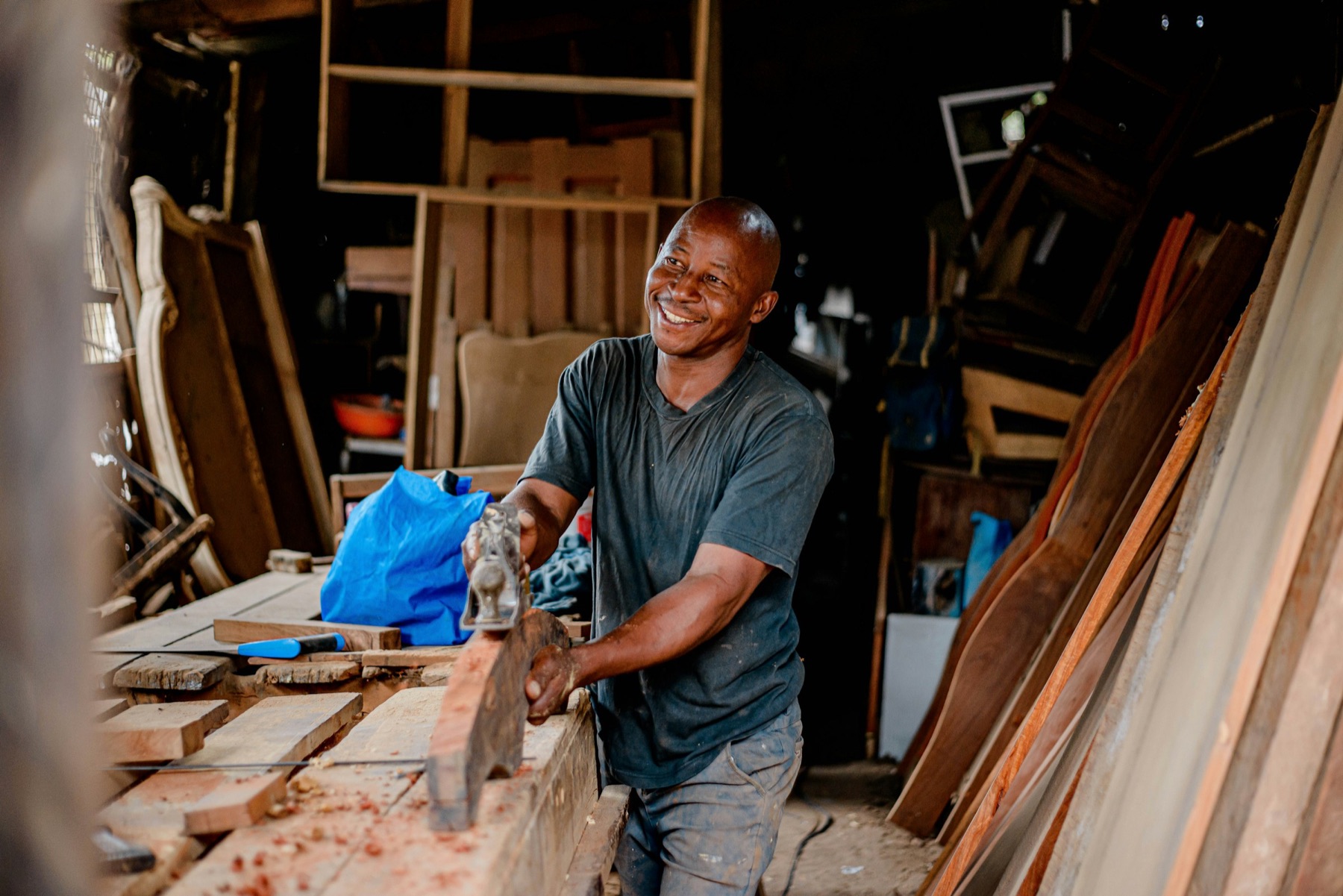 A joiner at work in a timber workshop